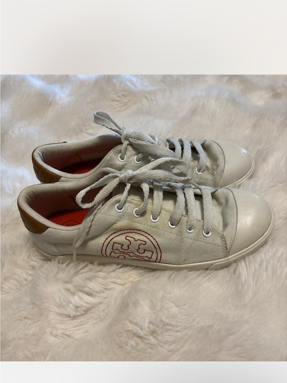 Tory Burch White Canvas Sneakers with Tan Heel and Red Logo